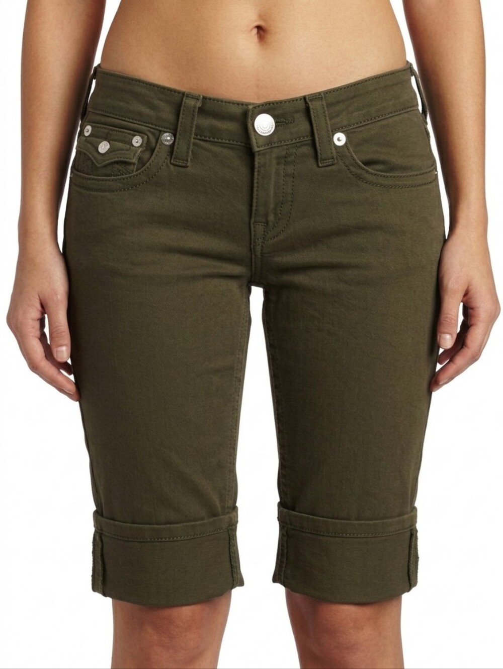 TRUE RELIGION Olive Green Knee Length Rolled Up Shorts Size 27